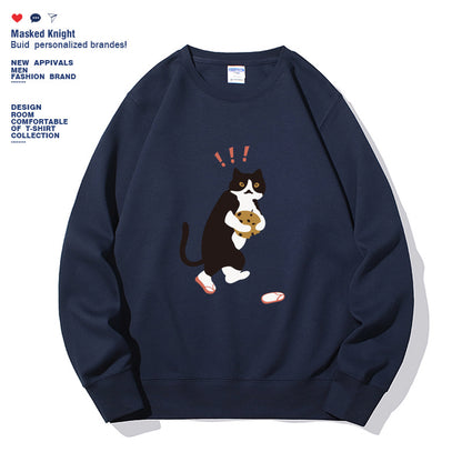 Women Fashionable Solid Color Cat Printed Long Sleeved Sweatshirt Pullover