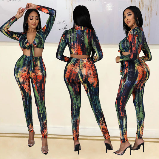 2pcs Sexy Tight-Fitting Printed Lace-Up Long-Sleeved Tops + Pant Trouser Suit
