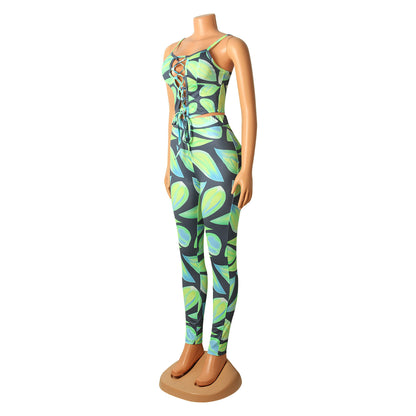 Women Digital Printed Sexy Two-Piece Strap Tops + Pant Trouser Set