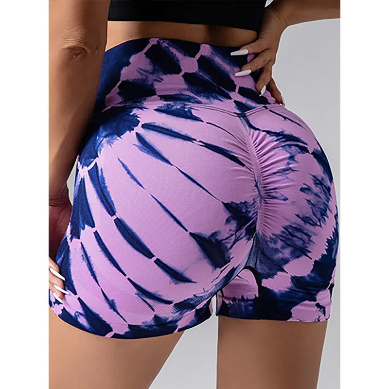 Women Tie-dye Side Bow Hollow High Waist Hip Butt Lifting Sports Yoga Gym Scrunch Cycling Biker Shorts Pants