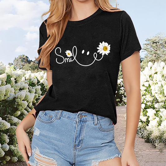 Smiling Sunflower Women Crew Neck T-Shirt Print Tees Tops