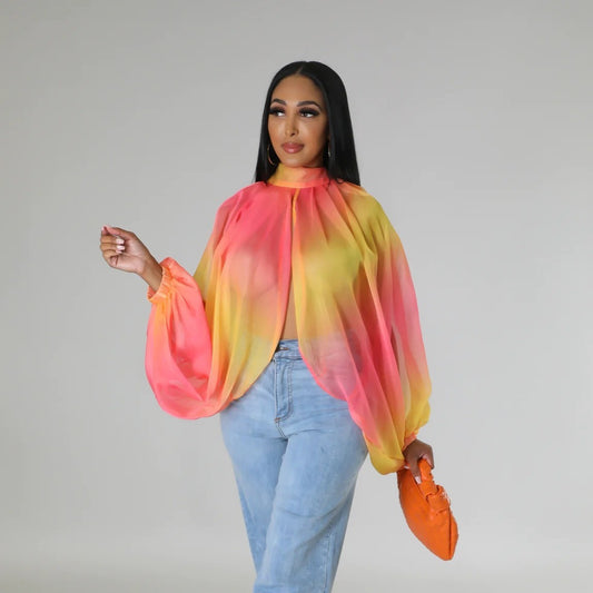 Sexy Loose Translucent Long-sleeved Printed Party Tops Blouse