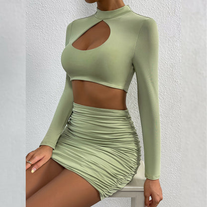 Women's Cutout Long Sleeve Pleated Cropped Navel Two-Pieces Tops Skirt Set