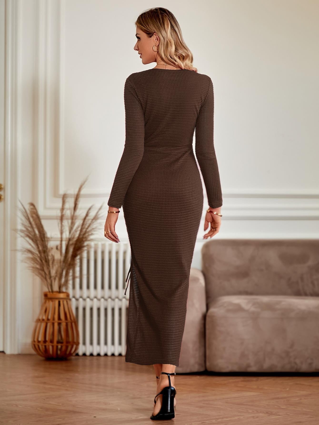 Women U-neck Split Drawstring Long-sleeved Knit Fashion Party Dress
