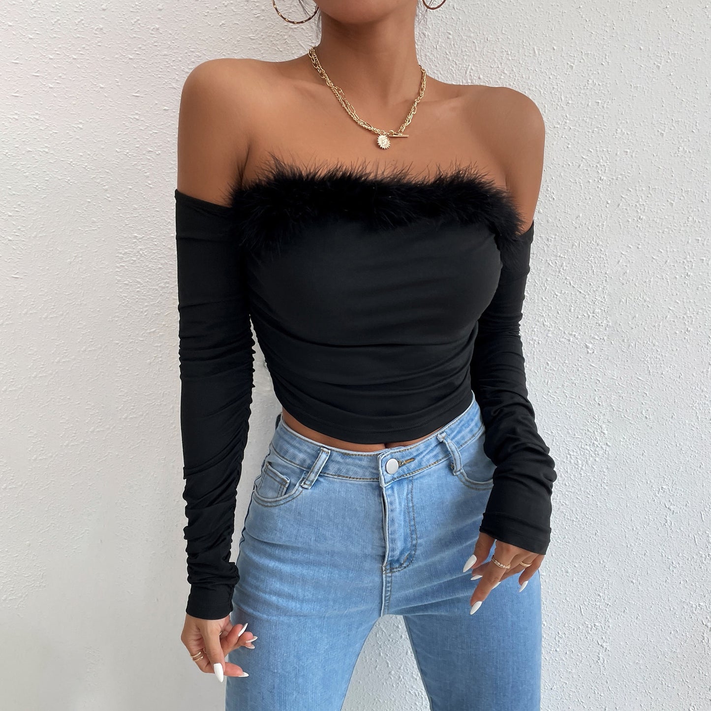Vintage A Strapless Hair Neck Long-sleeved Tops Backless Shoulder Blouse