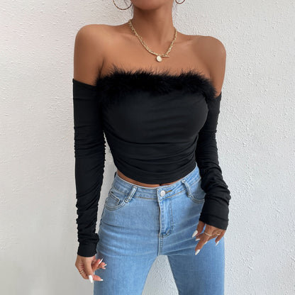 Vintage A Strapless Hair Neck Long-sleeved Tops Backless Shoulder Blouse