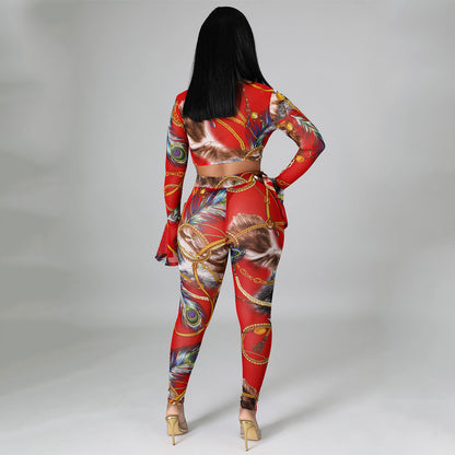 Two Pieces Sexy Fashion Net Gauze Print Slim Sleeve Night Party Tops Pant Trouser
