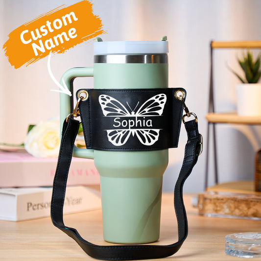 Personalized Butterfly Adjustable Strap Drink Water Bottle Sleeves Carrier Gift Bag - 40oz Stanley Tumbler