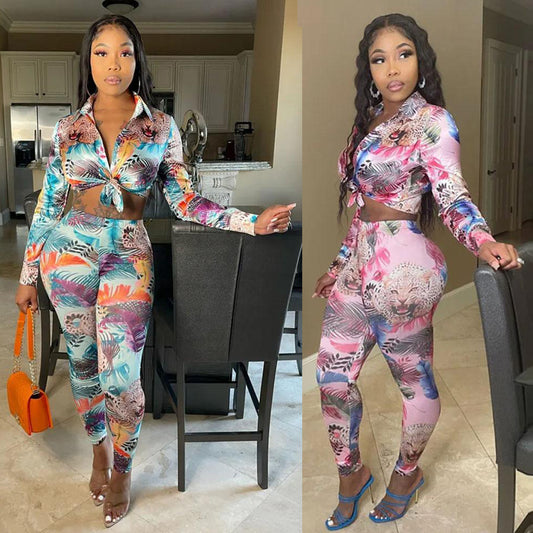 Sexy Fashion Printed Long-Sleeved Tops + Bottom Trouser Suit