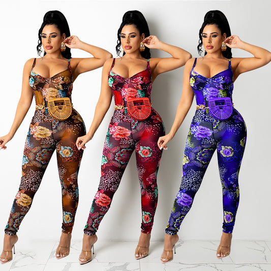 Sexy Suspender Mesh Printed Nightclub Party Pant Jumpsuit