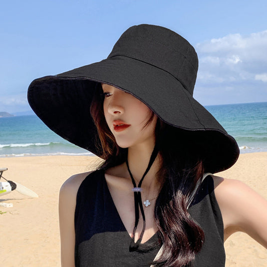 Women Solid Color Big Brim Fisherman Foldable Sun Sunscreen Shading Hat