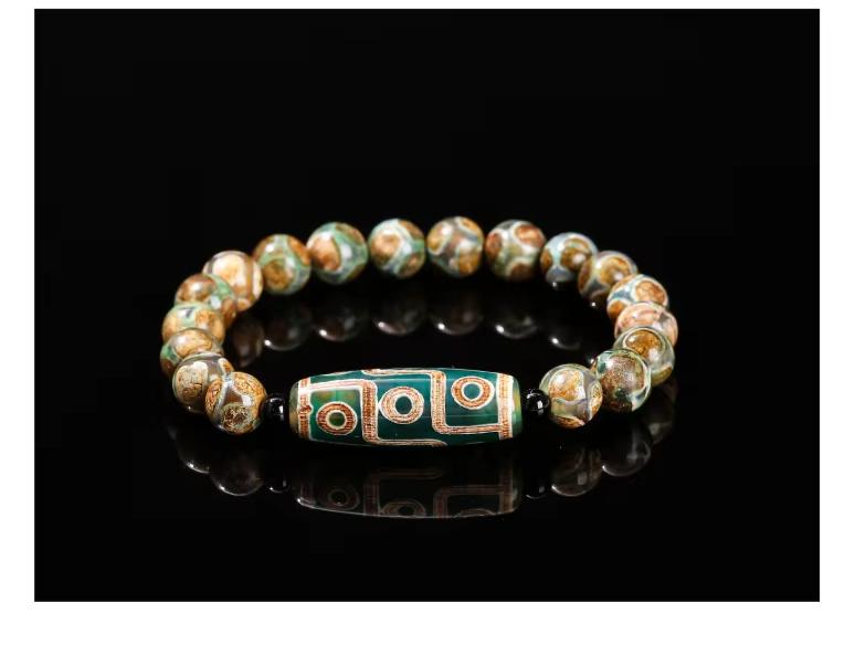 Women Men Retro Healing Buddha Prayer Natural Green Nine Eyes Tibetan Agate Barrel Beads Bracelet