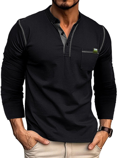 Men's Cotton Henley Color Block Knitted Long Sleeve T-Shirt