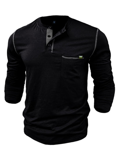 Men's Cotton Henley Color Block Knitted Long Sleeve T-Shirt