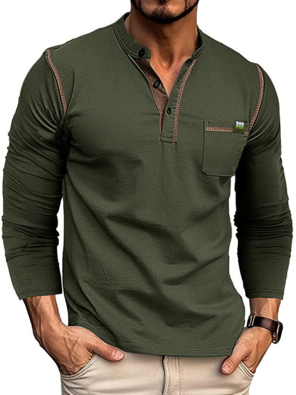 Men's Cotton Henley Color Block Knitted Long Sleeve T-Shirt