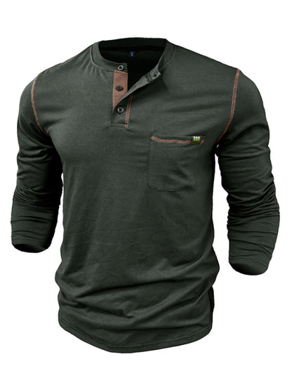 Men's Cotton Henley Color Block Knitted Long Sleeve T-Shirt