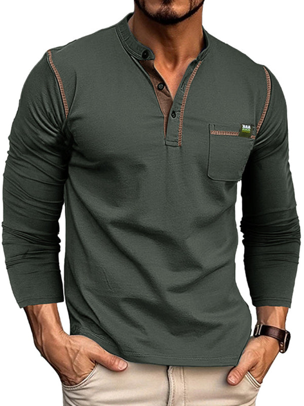 Men's Cotton Henley Color Block Knitted Long Sleeve T-Shirt