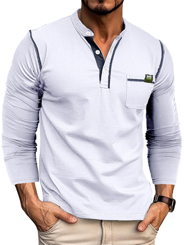 Men's Cotton Henley Color Block Knitted Long Sleeve T-Shirt