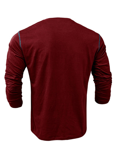 Men's Cotton Henley Color Block Knitted Long Sleeve T-Shirt