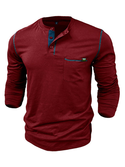 Men's Cotton Henley Color Block Knitted Long Sleeve T-Shirt