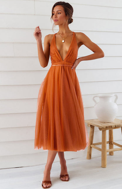 Sexy Gauze Deep V Neck Backless Lace-Up Mesh Puff Party Evening Maxi Dress