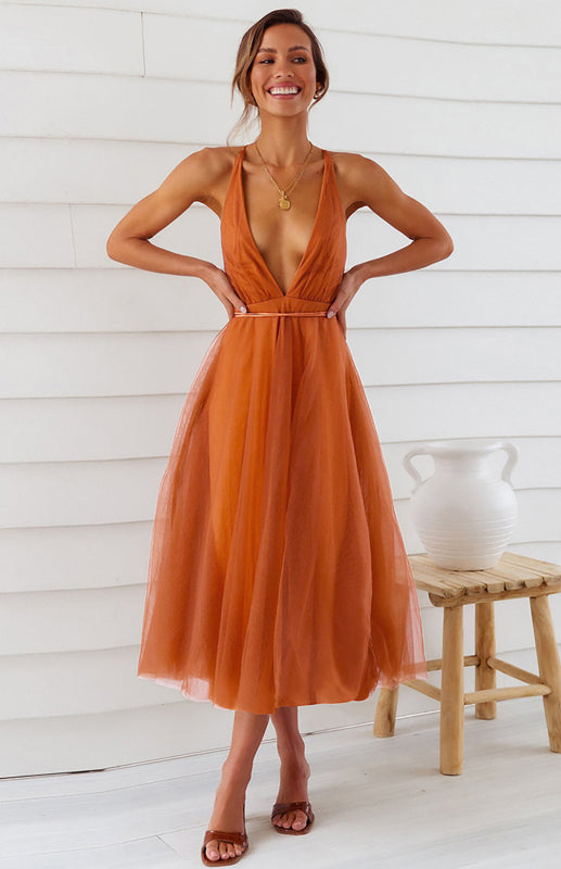 Sexy Gauze Deep V Neck Backless Lace-Up Mesh Puff Party Evening Maxi Dress