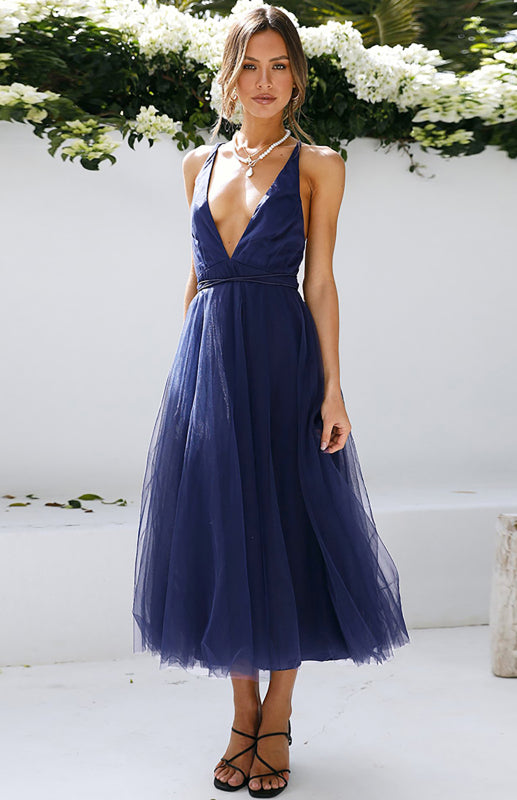 Sexy Gauze Deep V Neck Backless Lace-Up Mesh Puff Party Evening Maxi Dress