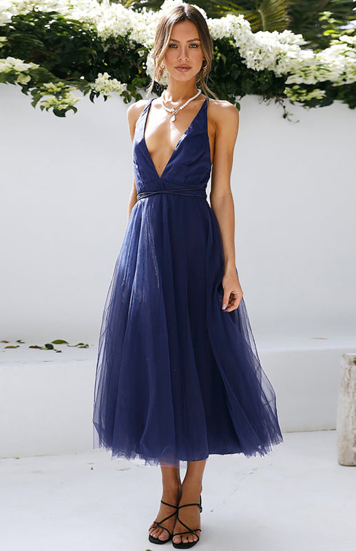 Sexy Gauze Deep V Neck Backless Lace-Up Mesh Puff Party Evening Maxi Dress