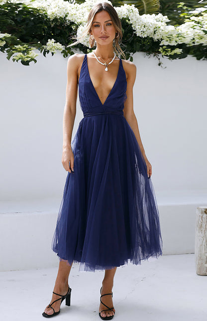 Sexy Gauze Deep V Neck Backless Lace-Up Mesh Puff Party Evening Maxi Dress