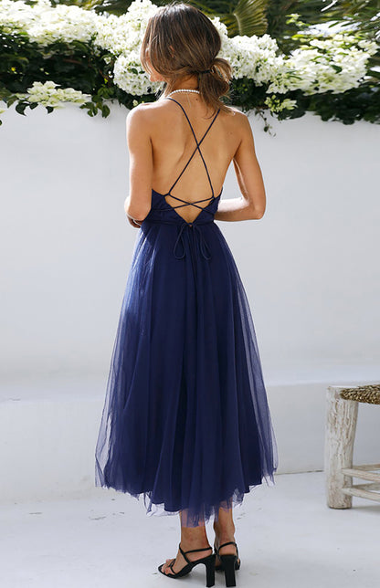 Sexy Gauze Deep V Neck Backless Lace-Up Mesh Puff Party Evening Maxi Dress