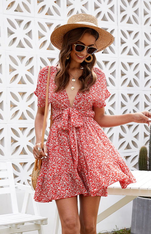 Women Sexy Deep V Ruffle Floral Spring Short Party Dress