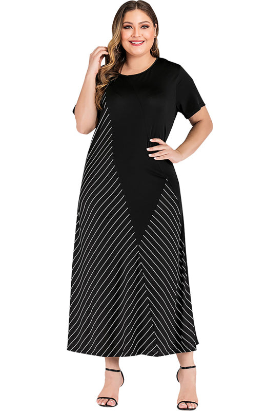 Women Fashion Striped Colorblock Short Sleeve Maxi Party Dress