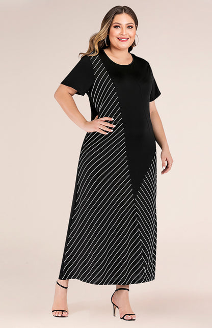 Women Fashion Striped Colorblock Short Sleeve Maxi Party Dress