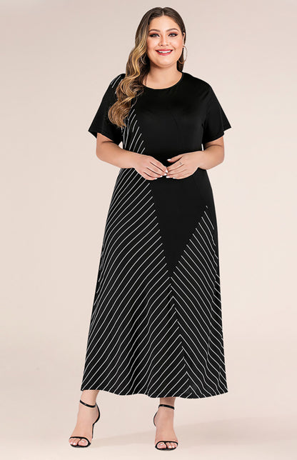 Women Fashion Striped Colorblock Short Sleeve Maxi Party Dress