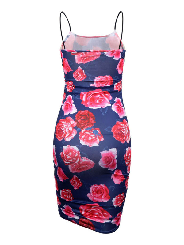 Women's prints wrinkle sexy bag hip camisole mini party dress