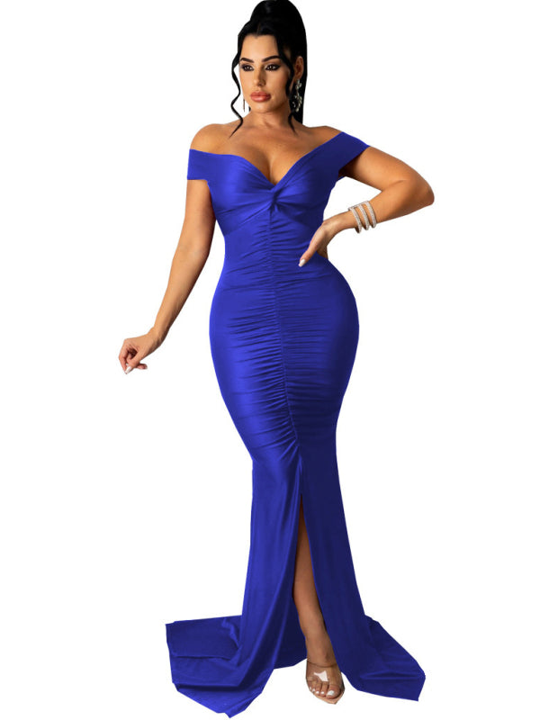 Women Solid Color Big V Neck Skinny Ruched Prom Evening Party Dress