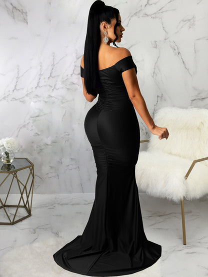 Women Solid Color Big V Neck Skinny Ruched Prom Evening Party Dress