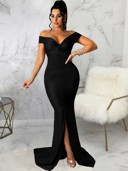 Women Solid Color Big V Neck Skinny Ruched Prom Evening Party Dress