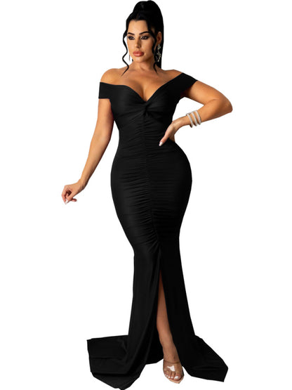 Women Solid Color Big V Neck Skinny Ruched Prom Evening Party Dress