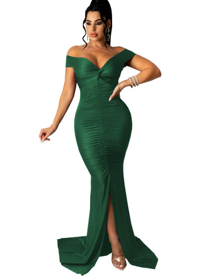 Women Solid Color Big V Neck Skinny Ruched Prom Evening Party Dress