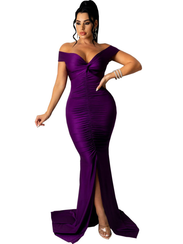 Women Solid Color Big V Neck Skinny Ruched Prom Evening Party Dress