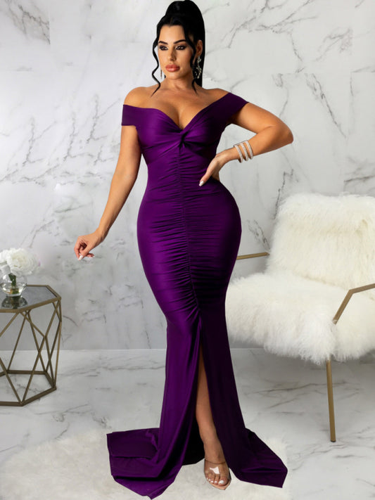 Women Solid Color Big V Neck Skinny Ruched Prom Evening Party Dress