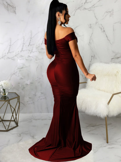 Women Solid Color Big V Neck Skinny Ruched Prom Evening Party Dress