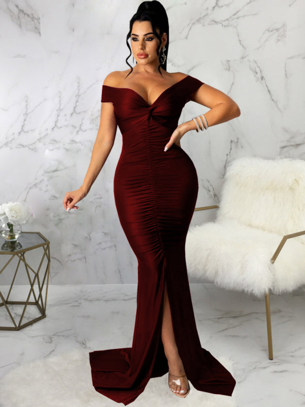 Women Solid Color Big V Neck Skinny Ruched Prom Evening Party Dress