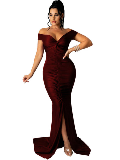 Women Solid Color Big V Neck Skinny Ruched Prom Evening Party Dress