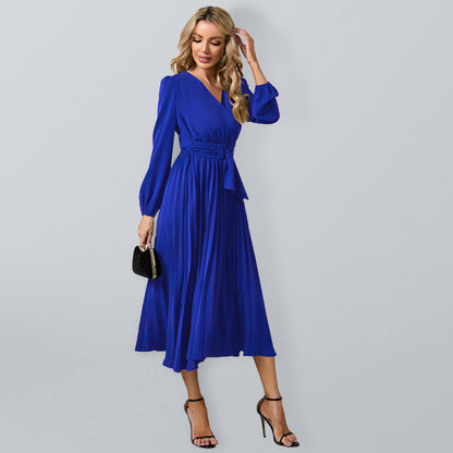 Women long sleeve slim pleated belt V-neck A-line skirt Dress