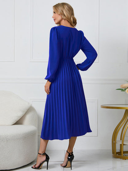 Women long sleeve slim pleated belt V-neck A-line skirt Dress