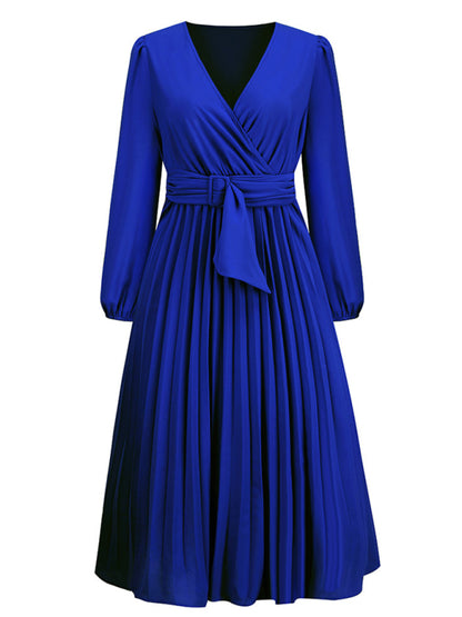 Women long sleeve slim pleated belt V-neck A-line skirt Dress