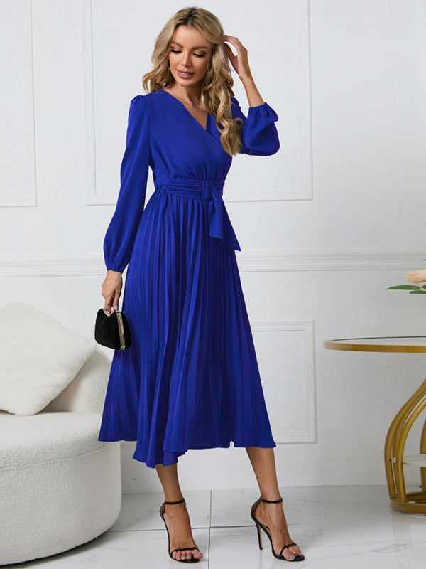 Women long sleeve slim pleated belt V-neck A-line skirt Dress