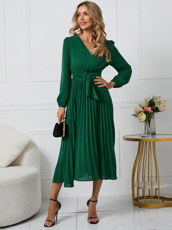 Women long sleeve slim pleated belt V-neck A-line skirt Dress